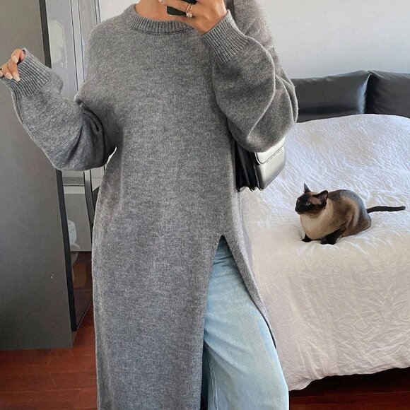 Grey Women's Casual Split Hem Knit Sweater Top - Picture 5 of 7